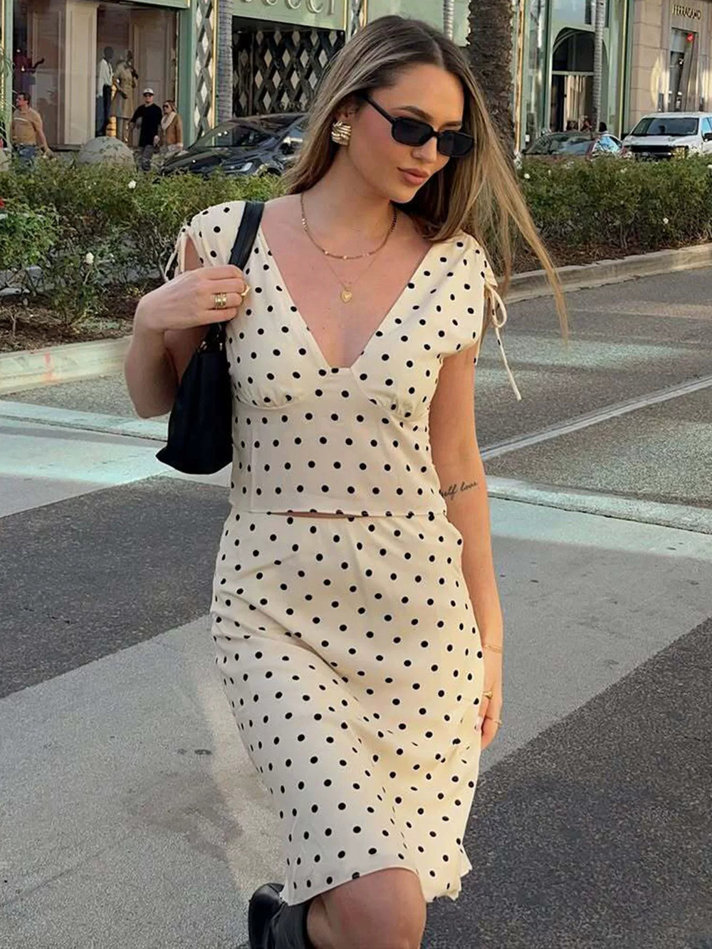 ZARA Fresh French Polka Dot Sexy Tie Front Cami Bodycon Midi Skirt Set